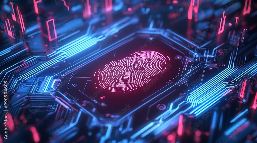 Poster futuristic fingerprint scan on circuit board background. digital identity privacy.