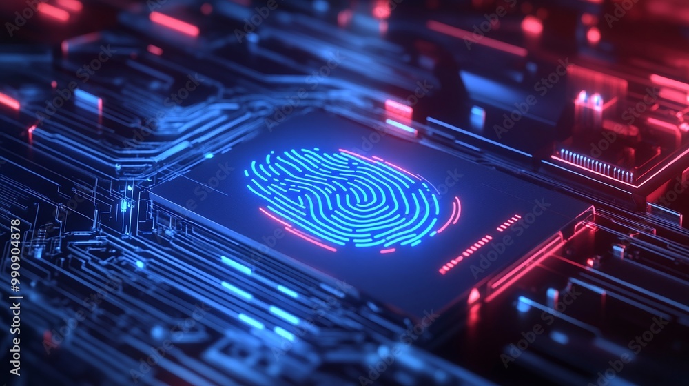 Poster futuristic fingerprint scanner on a digital circuit board. digital identity privacy.