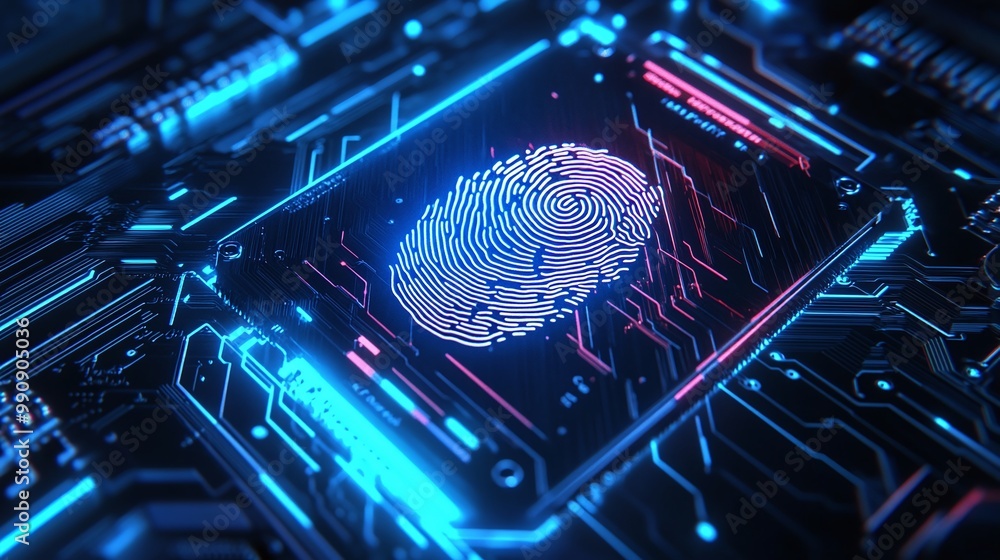 Poster futuristic fingerprint scanner on digital circuit background digital identity privacy.
