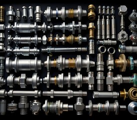 Studio photography - a lot of automotive parts: valves, spark plugs, silent blocks, thermostats, filter, sensors, ball bearings, lie in straight rows on a flat surface isolated on a black ... See More