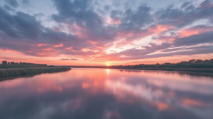 Fototapeta premium A serene sunset over a tranquil river, with vibrant colors reflecting on the water, surrounded by lush greenery and a dramatic sky.