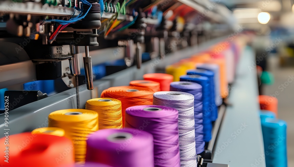 Poster close-up shot of colorful thread spools lined up in a factory setting.