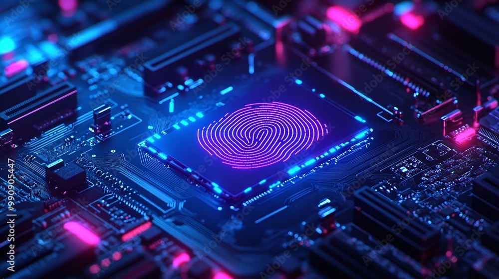 Poster futuristic fingerprint sensor on a circuit board. digital identity privacy.