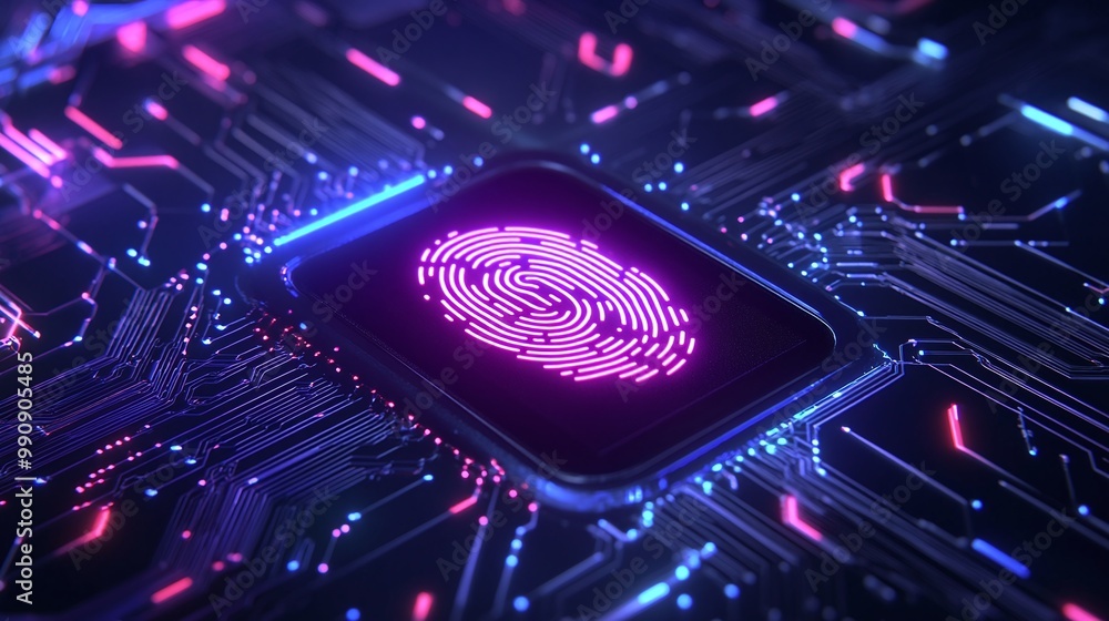 Poster futuristic fingerprint sensor on a circuit board digital identity privacy.
