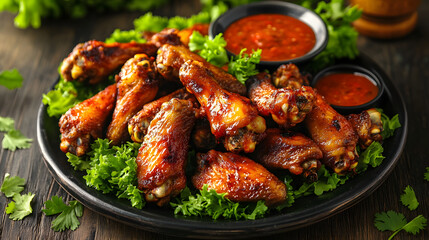Fototapeta premium Platter of spicy chicken wings served with fresh greens and dipping sauce