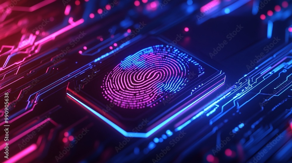 Aufkleber futuristic fingerprint sensor on a digital circuit board. digital identity privacy.