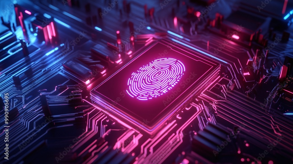 Poster futuristic fingerprint sensor on electronic circuit board. digital identity privacy.
