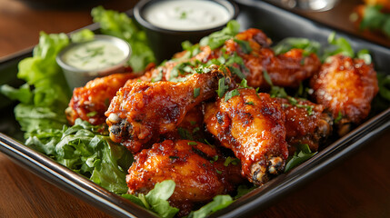 Fototapeta premium Platter of spicy chicken wings served with fresh greens and dipping sauce