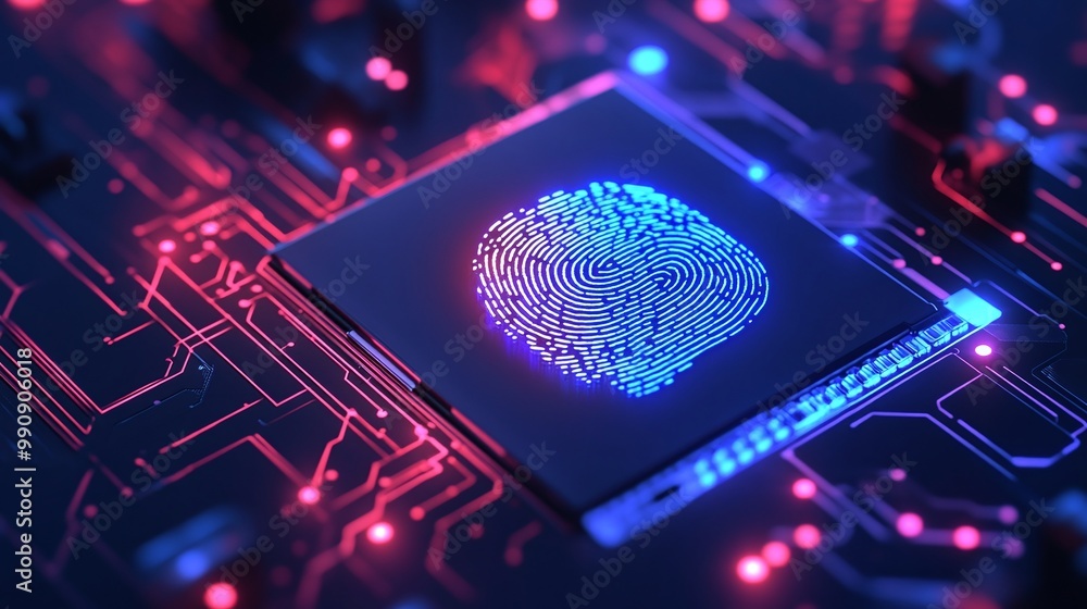 Poster microchip with a fingerprint design on a circuit board. digital identity privacy.