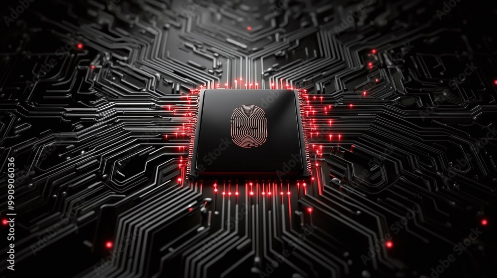 Poster microchip on circuit board with glowing components, black background digital identity privacy.