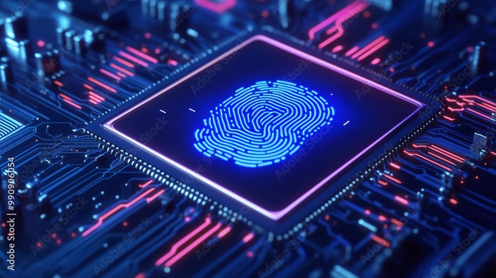 Poster microchip with fingerprint design, high-tech background digital identity privacy.
