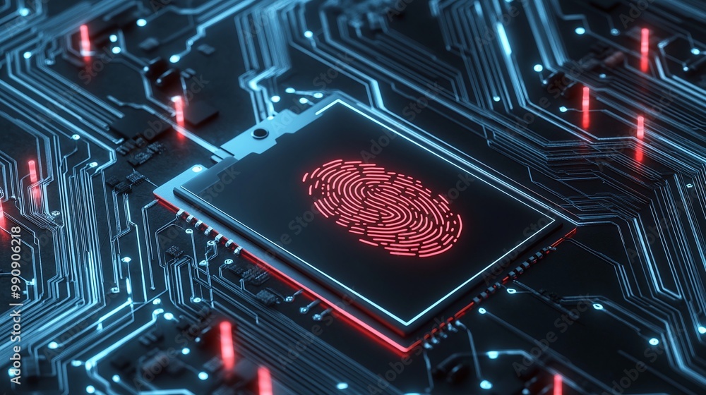 Poster microchip with fingerprint design on circuit board, blue neon lights. digital identity privacy.