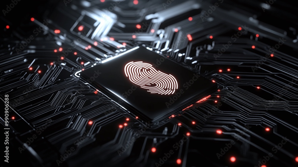 Poster microchip with fingerprint design on dark circuit board. digital identity privacy.