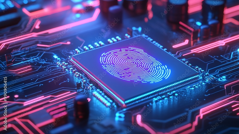 Poster microchip with fingerprint pattern, neon colors, isolated background digital identity privacy.