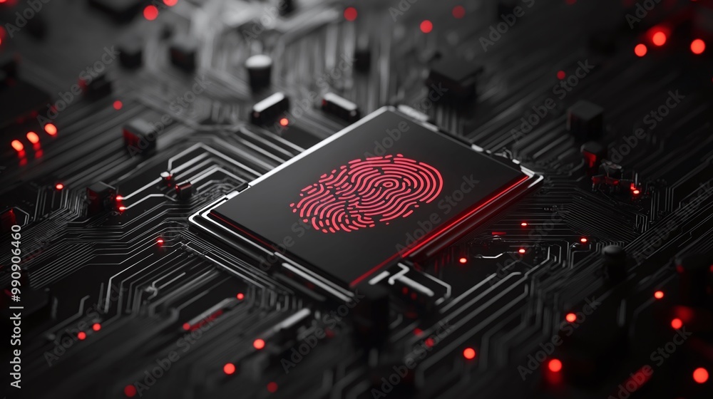 Poster microchip with fingerprint scanning technology on a circuit board digital identity privacy.