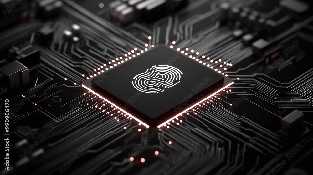Poster microchip with fingerprint sensor, black isolated background digital identity privacy.