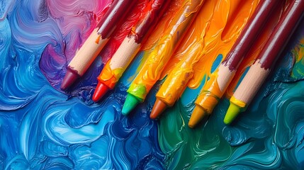 Obraz premium A photograph showcasing vibrant crayons being melted and mixed together on a palette creating swirling patterns of bold blended colors against a bright background