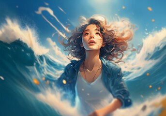 A young woman with long brown hair looks up at the sky while standing in the ocean.