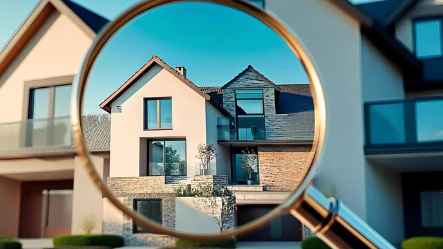 Magnifying glass focusing on a modern house, representing real estate investment, property search, home inspection, and architectural detail.

