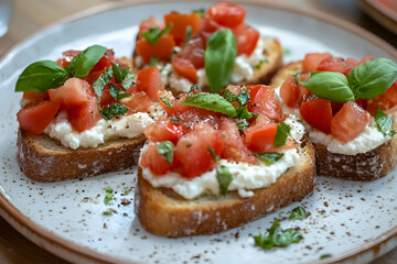 Italian bruschetta with roasted tomatoes, mozzarella cheese commercial advertising photo