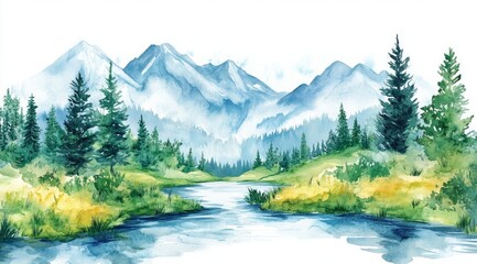 Watercolor art, Mountain painting, Tree landscape, Nature art, Natural scenery, Scenic watercolor, Mountain range, Tree art, Forest painting, Outdoor scene, Wilderness art, Watercolor landscape, Mount