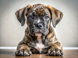 Obraz premium Lively brindle puppy with oversized paws looks curiously at camera