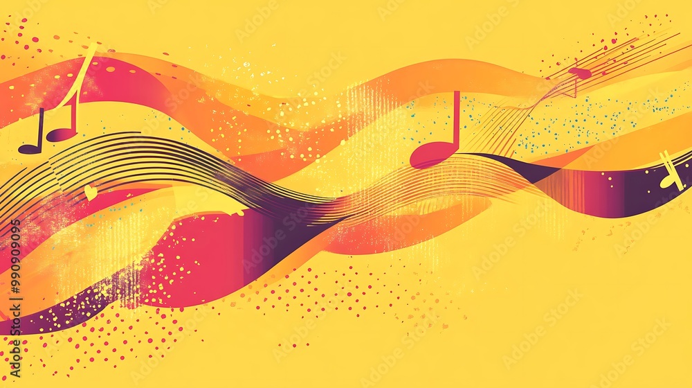 Aufkleber abstract music background with wavy lines and musical notes on yellow background.