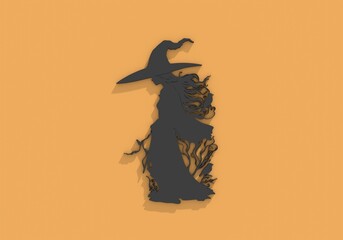 Silhouette of young cute witch girl. Long curly hair. Halloween relative character silhouette. 3D render