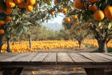 photo Empty wood table with free space over orange trees, orange field background