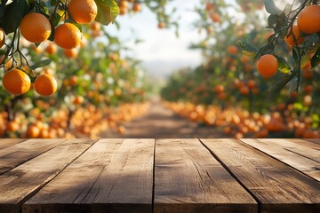 photo Empty wood table with free space over orange trees, orange field background