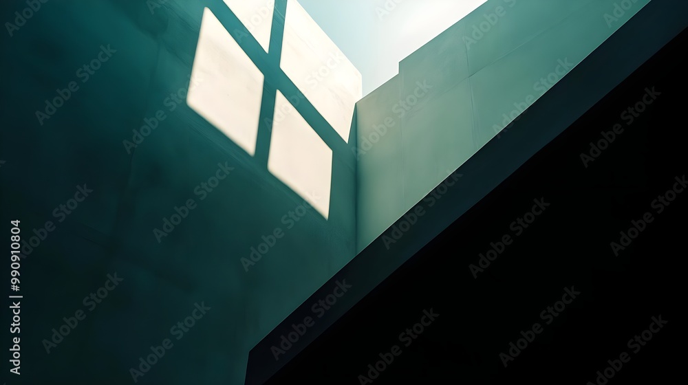Poster A dramatic interplay of light and shadow through a geometric window in a minimalist architectural space, capturing tranquility and modern design.