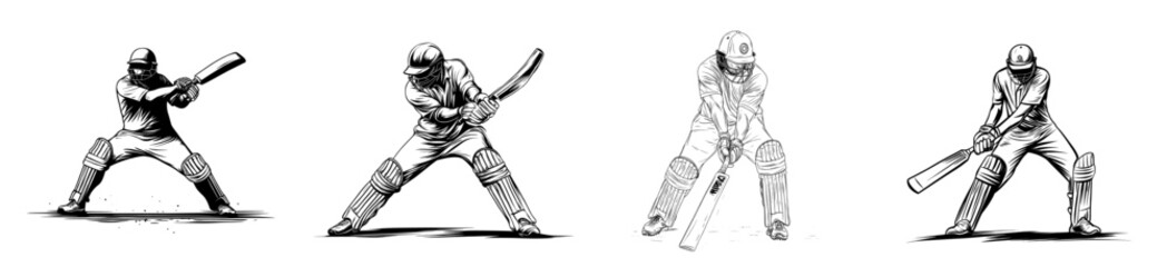 One Line Drawing, Cricket Batsman Sweep Shot: Cartoon Drawing with Single Line Art.