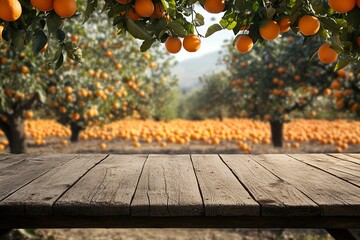 photo Empty wood table with free space over orange trees, orange field background
