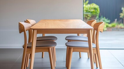 Walnut dining table with a set of matching chairs, elegant dining area, soft lighting, neutral color palette, clean lines, bright and airy space with a view of the garden