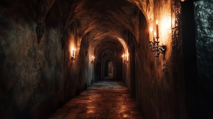 Fototapeta premium A mysterious stone hallway illuminated by flickering sconces, perfect for evoking a dark and enchanted atmosphere.