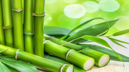 Obraz premium Fresh Green Bamboo Stalks. Cut Pieces of Bamboo Stems and Leaves on Blurred Green Background.