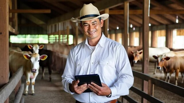 A happy male SME farmer working in a livestock shed.