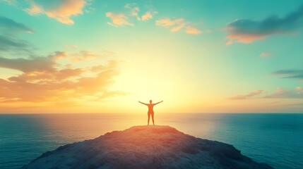 A person standing on a cliff with outstretched arms against a sunset background.