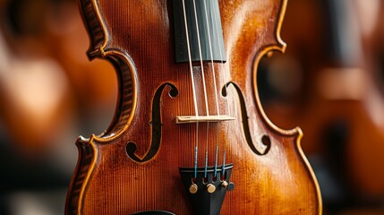 Fototapeta premium Close-up of a beautiful violin showcasing its intricate woodwork and elegant curves, symbolizing musical artistry and craftsmanship.