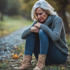 woman, autumn, park, outdoors, nature, person, knee, knee pain, menopause, sad, lost, mid aged woman, arthritis, memory loss, Alzheimer, dementia 