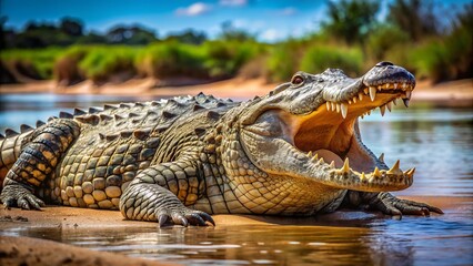 Obraz premium Massive African crocodile basking on a riverbank with its powerful jaws agape