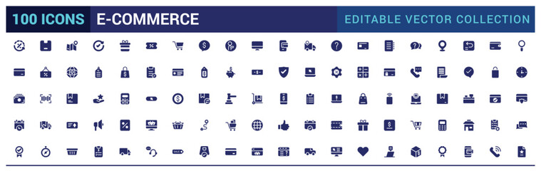 E-commerce filled icon set, online shopping and delivery elements glyph collection for web and ui. Filled icons pack, Solid icon collection, Vector illustration.