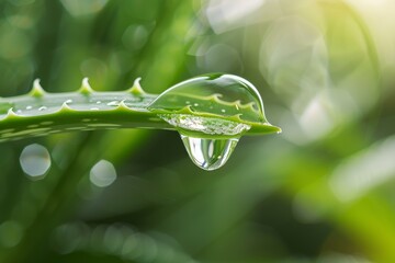 Single water droplet hanging from an aloe vera leaf with a blurred green background