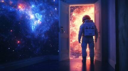 Astronaut entering a glowing cosmic doorway towards adventure