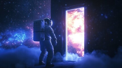 Fototapeta premium Astronaut opening door to orange cosmic realm