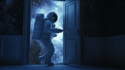 Astronaut opens door to starry space in dark room