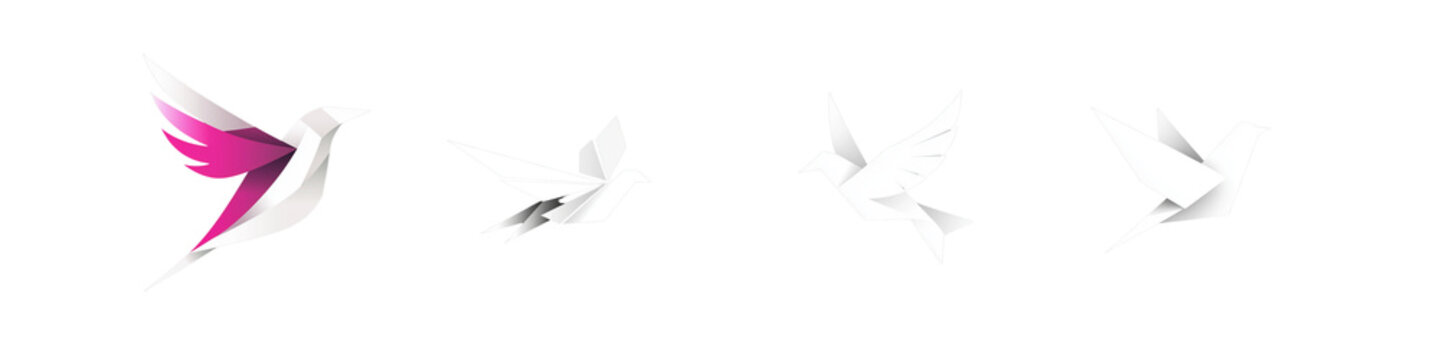 set of A simple white logo of an origami pepar bird on a transparent background 