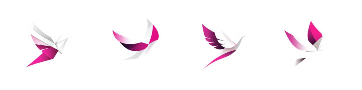 set of A simple white logo of an origami pepar bird on a transparent background 
