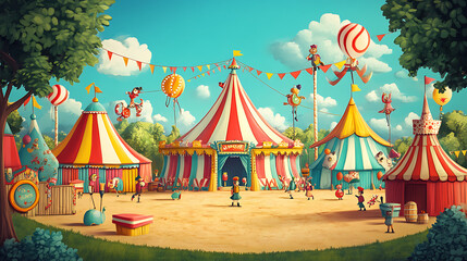 Obraz premium Whimsical background with a playful circus scene, featuring clowns, acrobats, and colourful tents in a fun, lively setting