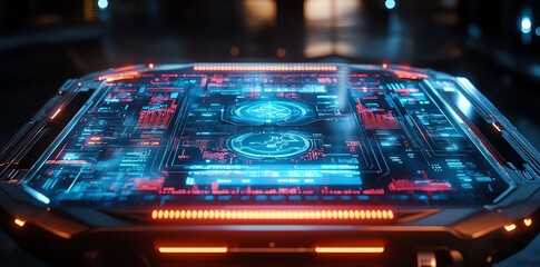 Futuristic glowing blue and red digital interface on a sleek, modern table.